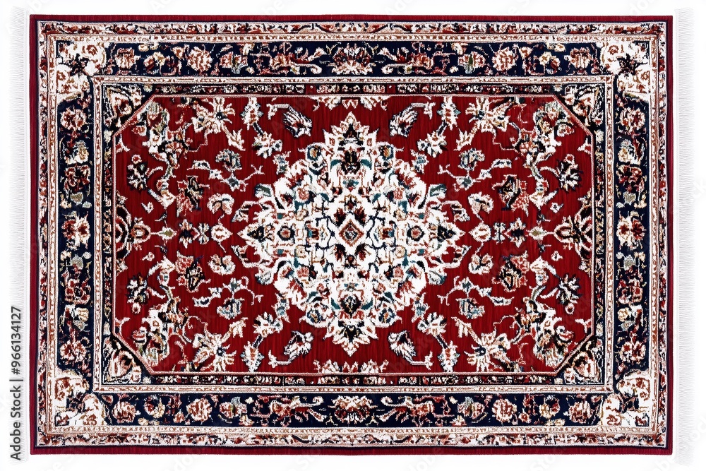 A traditional Persian rug featuring intricate floral patterns and a rich red background. The design includes a central medallion surrounded by detailed motifs in various colors. A traditional Persian rug featuring intricate floral patterns and a rich red background. The design includes a central medallion surrounded by detailed motifs in various colors.