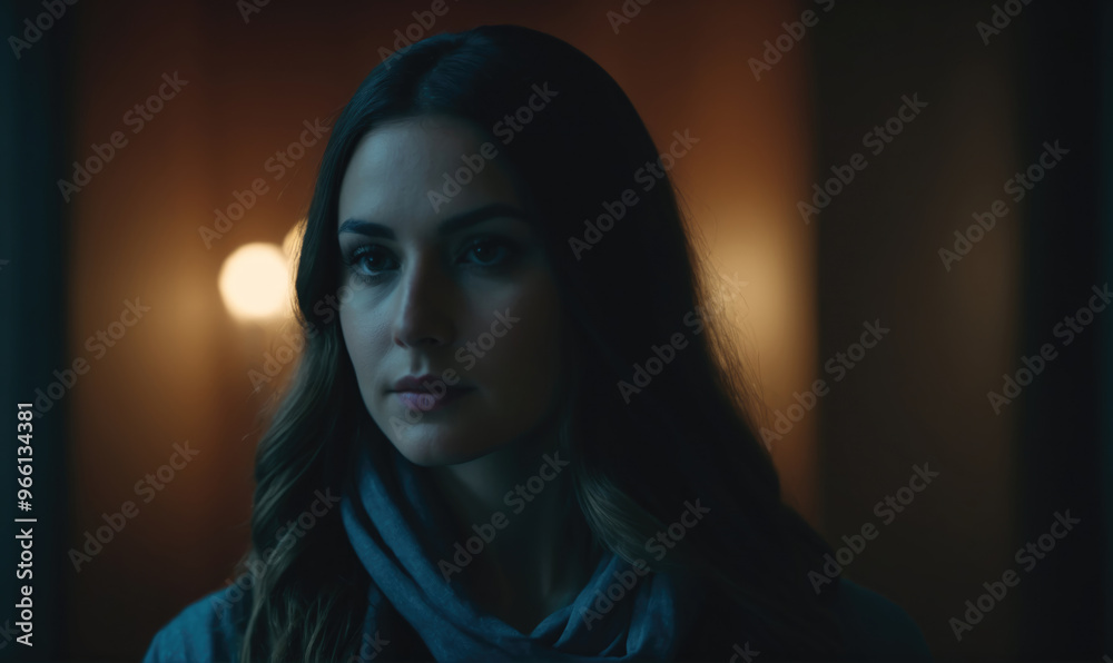 A woman with long, dark hair looks intently at something off-screen, bathed in the soft glow of a nearby light source