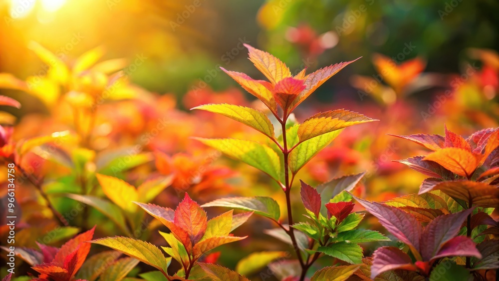 Lush green, red, and orange foliage of Japanese spirea illuminated by sunlight
