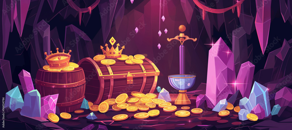 The Treasure cave with pirate chest, game background, Illustration The Treasure cave with pirate chest, game background, Illustration