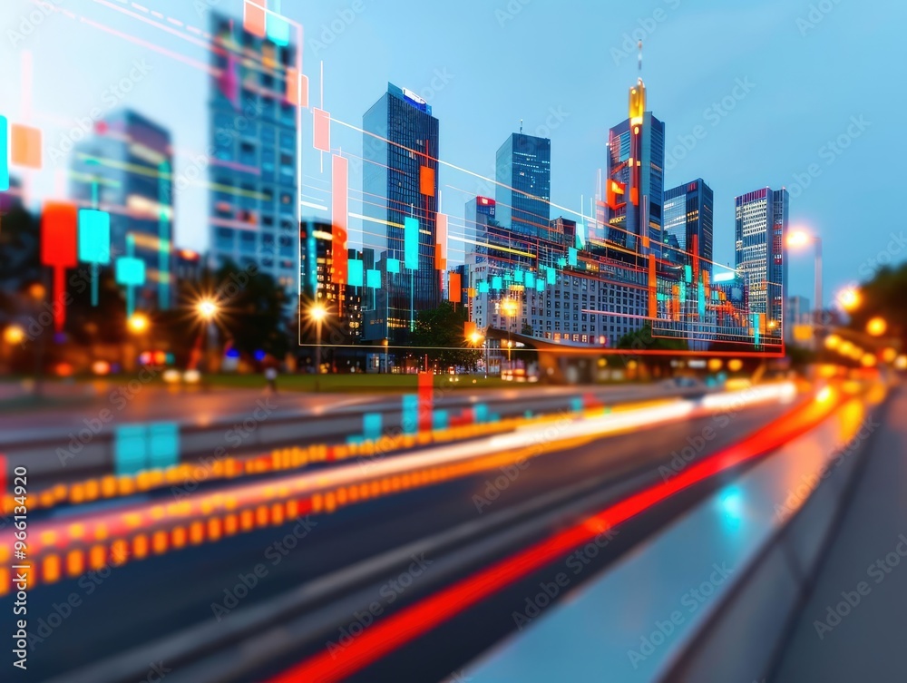 A timelapse image of a citys skyline transitioning from day to night, with stock market charts overlaying the buildings, illustrating the constant flow of market activity A timelapse image of a citys skyline transitioning from day to night, with stock market charts overlaying the buildings, illustrating the constant flow of market activity