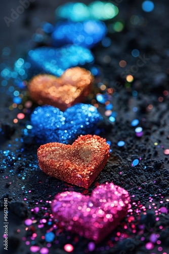 A row of colorful hearts are scattered on a black background