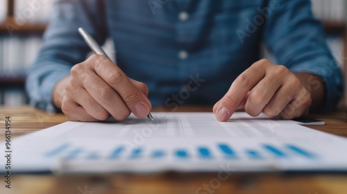 Businessman Analyzing Financial Charts and Data with Pen in Hand, focusing on analysis and report preparation.