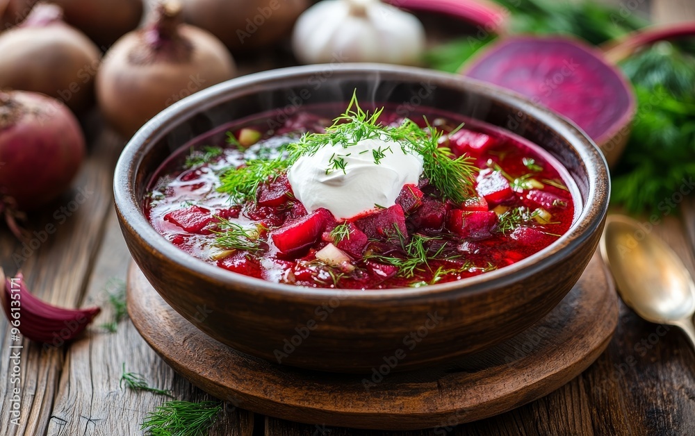 A steaming bowl of borscht garnished with sour cream and herbs, served on a wooden table with garlic and beets nearby. A steaming bowl of borscht garnished with sour cream and herbs, served on a wooden table with garlic and beets nearby.
