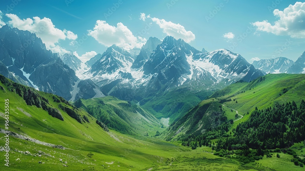 Fototapeta premium A mountain landscape with green valleys and snow-capped peaks under a clear, bright summer sky