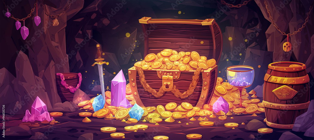 The Treasure cave with pirate chest, game background, Illustration The Treasure cave with pirate chest, game background, Illustration