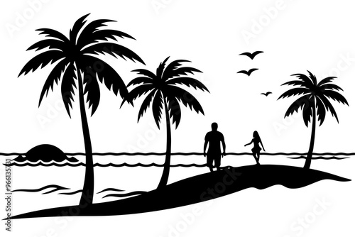 Vector Silhouette Illustration of a Tranquil Beach Scene with Palm Trees, Beachgoere, and Ocean Waves.