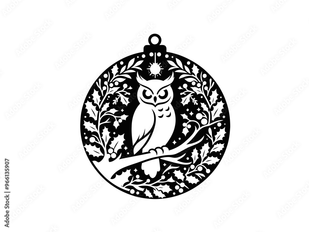 Fototapeta premium Wise Owl Christmas Ornament Emblem SVG Vector | Nighttime Silhouette for Holiday Deco
