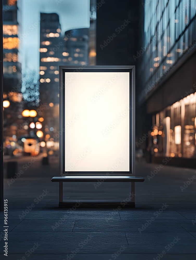 Blank Billboard Sign with Bench in Urban Nighttime Setting Blank Billboard Sign with Bench in Urban Nighttime Setting