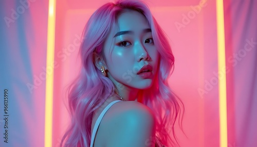 Young pretty Asian woman with glitter make-up wearing sporty fashion, white clothes, model posing isolated on a colorful modern pink and blue background, k-pop style