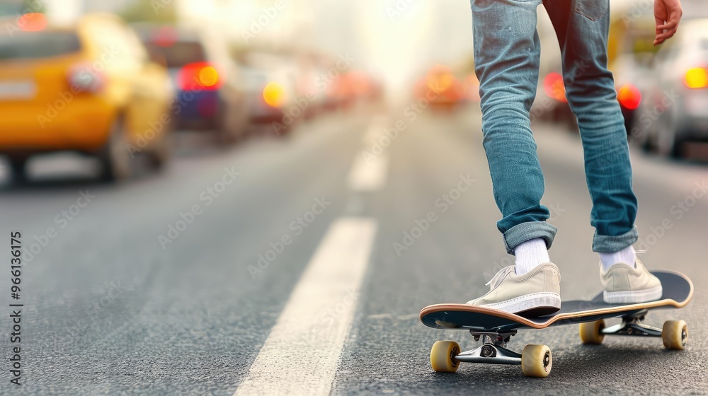 A skateboarder navigating a crowded city street, seamlessly weaving through traffic, symbolizing agility and skill in the heart of the urban environment A skateboarder navigating a crowded city street, seamlessly weaving through traffic, symbolizing agility and skill in the heart of the urban environment