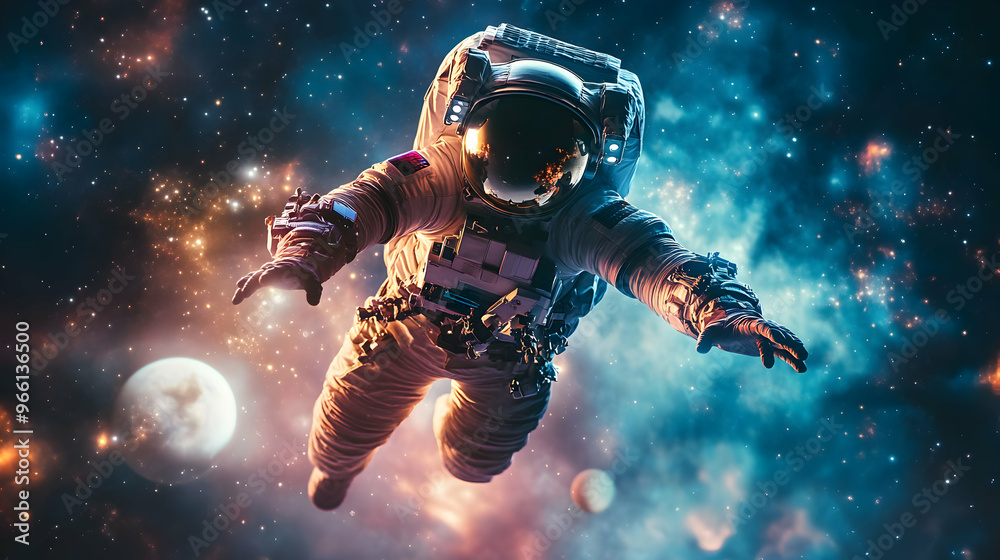 An astronaut wearing a VR suit floats in a vast, virtual space, exploring the infinite expanse of the cosmos. An astronaut wearing a VR suit floats in a vast, virtual space, exploring the infinite expanse of the cosmos.