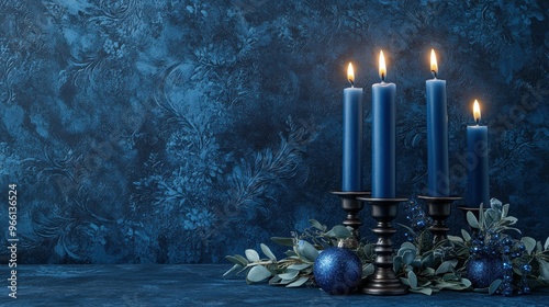 Elegant Hanukkah essentials with blue candles and dreidels on a regal, navy-colored background photo