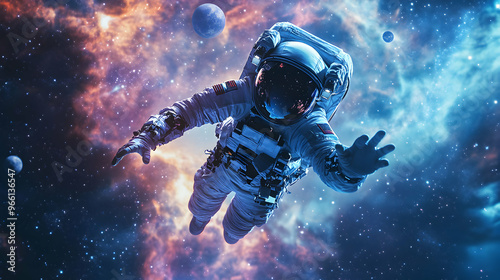 An astronaut wearing a VR suit floats in a vast, virtual space, exploring the infinite expanse of the cosmos.