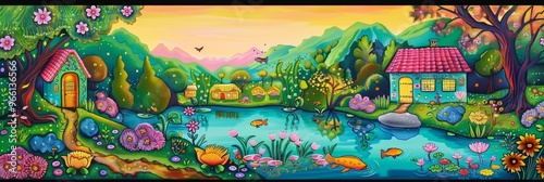 Colorful Landscape with a House, Pond and Fish, Naive Art Drawing Imitation