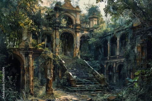 Abandoned Palace in Jungle, Vintage Painting, Ruined Hotel in Deep Forest