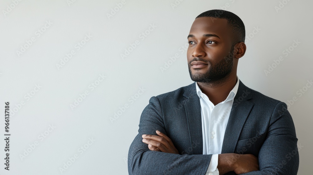 Three-quarter view of a confident entrepreneur, their arms crossed over their chest as they survey the scene, set against a crisp, white background Three-quarter view of a confident entrepreneur, their arms crossed over their chest as they survey the scene, set against a crisp, white background