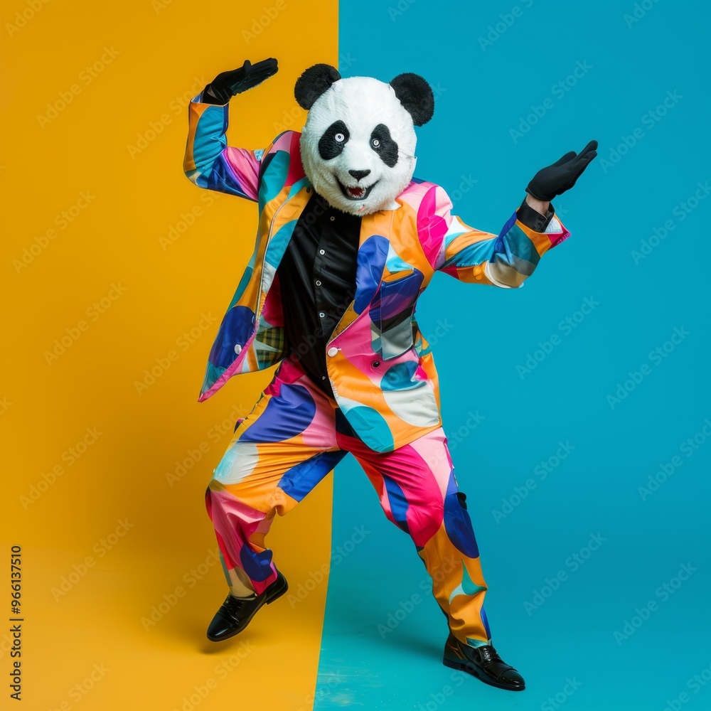 Freak in panda mask dancing, masquerade, absurd carnival, having fun in costume party, weird mask head Freak in panda mask dancing, masquerade, absurd carnival, having fun in costume party, weird mask head
