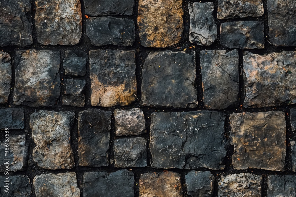 Textured stone pavement, featuring irregularly shaped dark stones arranged in a pattern. The stones have a rough surface and varying shades of gray and brown, creating a rustic appearance. Textured stone pavement, featuring irregularly shaped dark stones arranged in a pattern. The stones have a rough surface and varying shades of gray and brown, creating a rustic appearance.