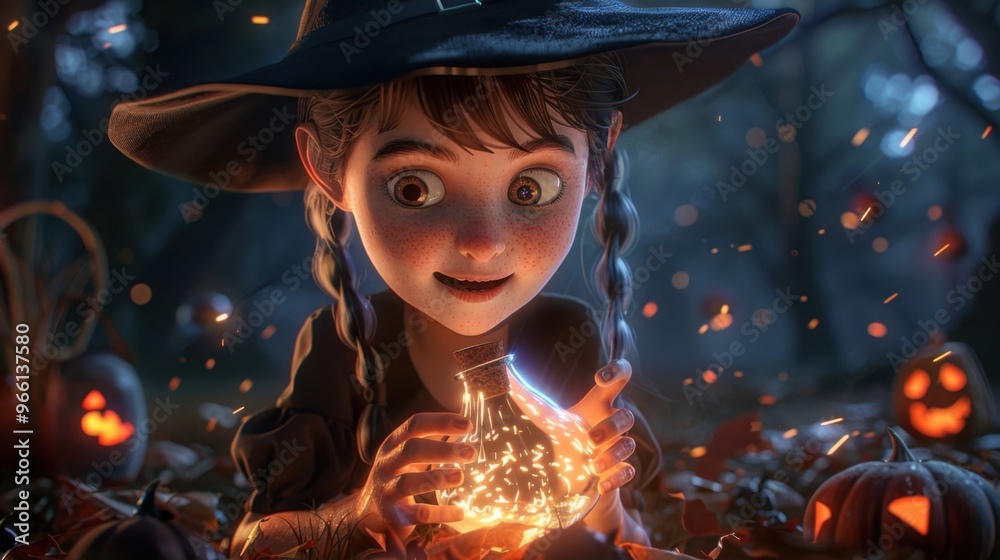 Enchanting young witch in a festive Halloween setting, surrounded by glowing pumpkins and holding magical energy in her hands. Enchanting young witch in a festive Halloween setting, surrounded by glowing pumpkins and holding magical energy in her hands.