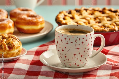 A retro diner setting with classic American pastries like donuts and apple pie, paired with a vintage coffee mug, set against a backdrop of 1950sstyle decor photo