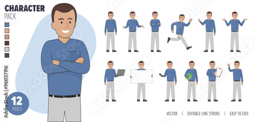 2D Illustrated male vector character set. Easy to edit and isolated on a white background. Modern trendy style character mega pack with lots of poses.