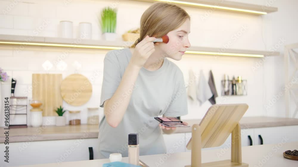 A beauty blogger showcases and promotes new blush cosmetics to her social media followers, demonstrating how to apply the product for a flawless look A beauty blogger showcases and promotes new blush cosmetics to her social media followers, demonstrating how to apply the product for a flawless look