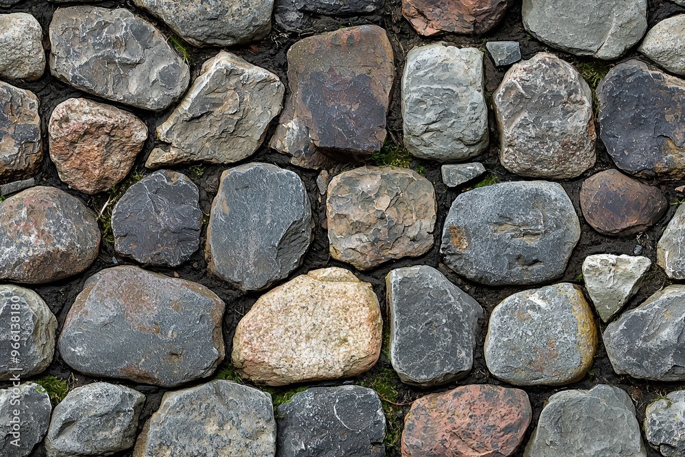 Stone wall made of various shaped and colored stones, featuring a mix of gray, brown, and beige tones, with some green moss in between. Stone wall made of various shaped and colored stones, featuring a mix of gray, brown, and beige tones, with some green moss in between.