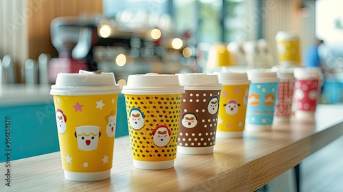 A playful childrens cafe brand with cartoon characterthemed coffee cups, colorful packaging, and a whimsical logo design, all set in a lively, familyfriendly cafe environment photo