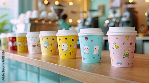 A playful childrens cafe brand with cartoon characterthemed coffee cups, colorful packaging, and a whimsical logo design, all set in a lively, familyfriendly cafe environment photo