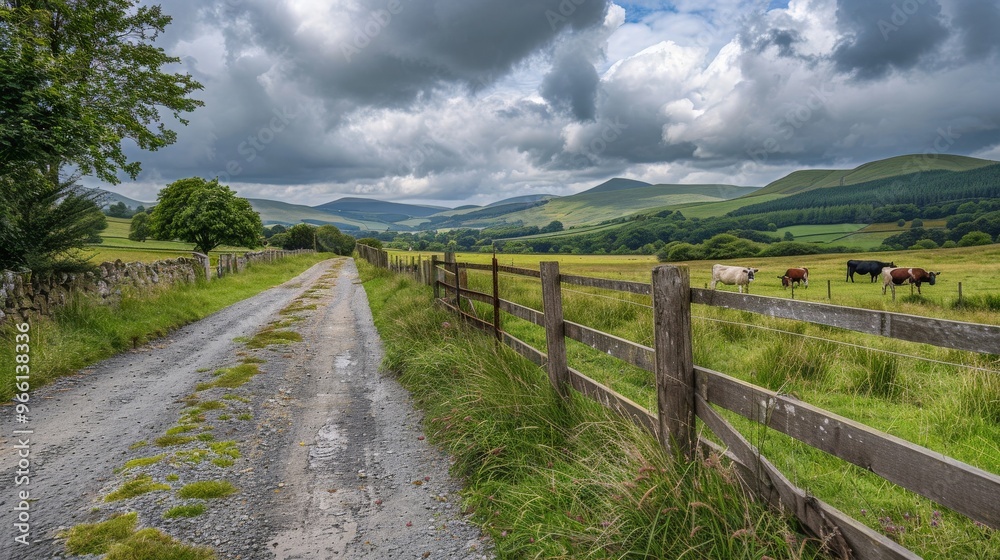 A peaceful countryside lane with a rustic wooden fence, grazing cows in the meadow, and rolling hills in the background under a cloudy sky A peaceful countryside lane with a rustic wooden fence, grazing cows in the meadow, and rolling hills in the background under a cloudy sky