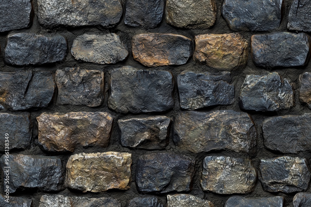 Textured stone wall made of irregularly shaped dark stones with varying shades of gray and brown. Textured stone wall made of irregularly shaped dark stones with varying shades of gray and brown.