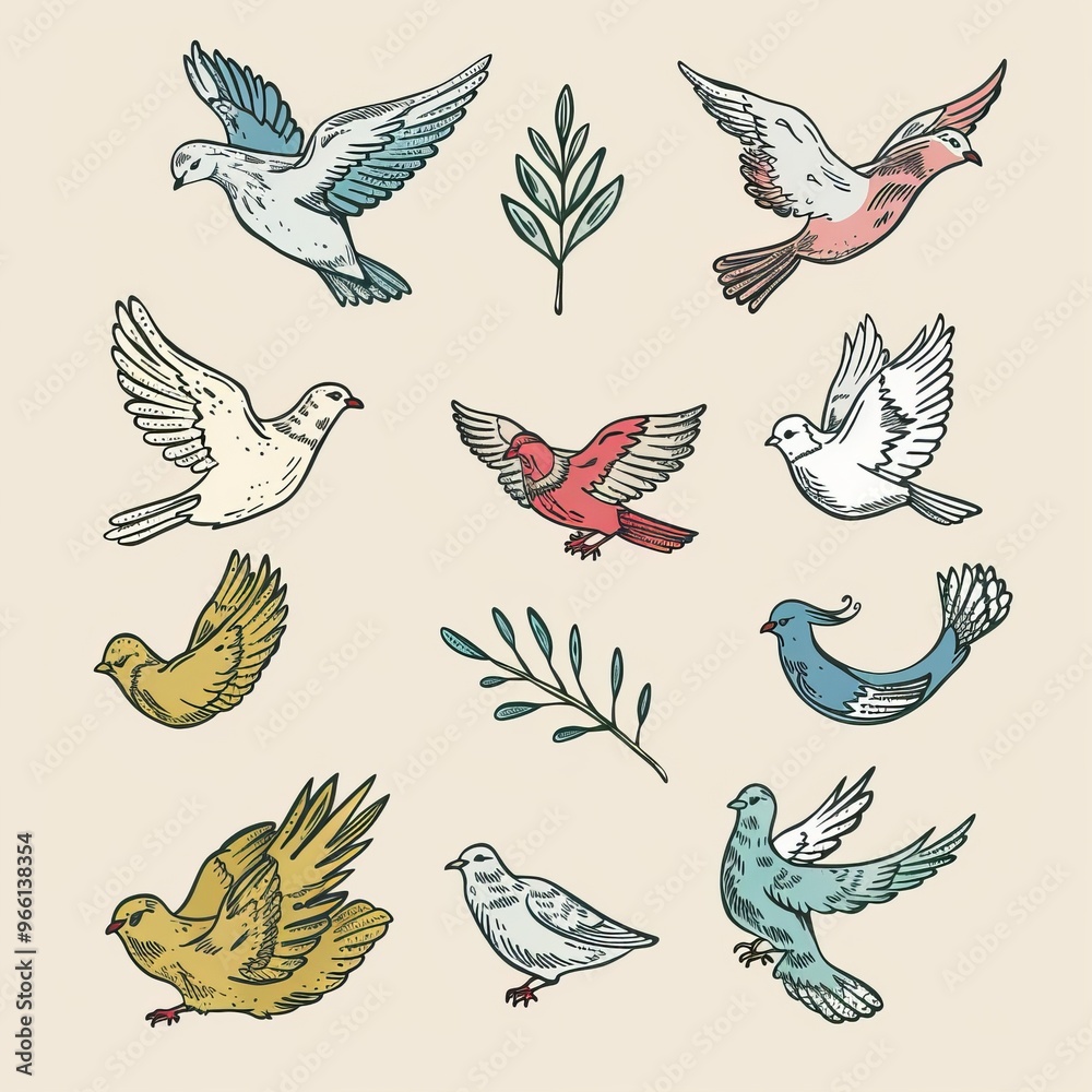 Peace dove icon, pigeons, dove twigs doodle sketched collection. Flying birds silhouettes on white