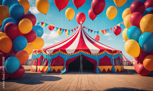 A colorful circus tent with red and white stripes stands ready for the show, with balloons floating in the air above