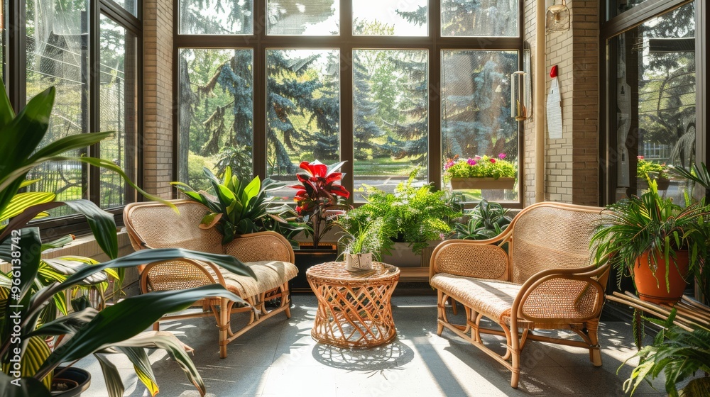 A peaceful sunroom with comfortable seating, plants, and a panoramic view of the garden