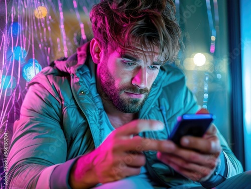 A person staring at a cracked phone screen in a dimly lit room Closeup shot, frustrated expression, cool tones photo