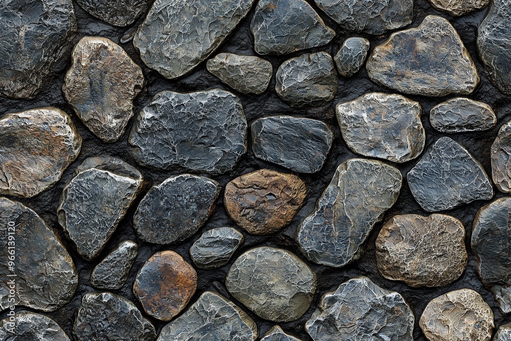 Textured stone wall made of various sizes and shapes of stones, featuring shades of gray, brown, and black. Textured stone wall made of various sizes and shapes of stones, featuring shades of gray, brown, and black.