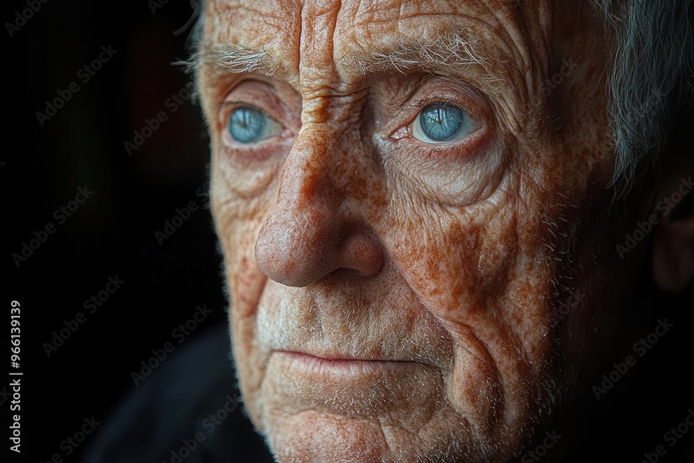 weathered face of elderly man deep wrinkles illuminated by soft side lighting weathered face of elderly man deep wrinkles illuminated by soft side lighting