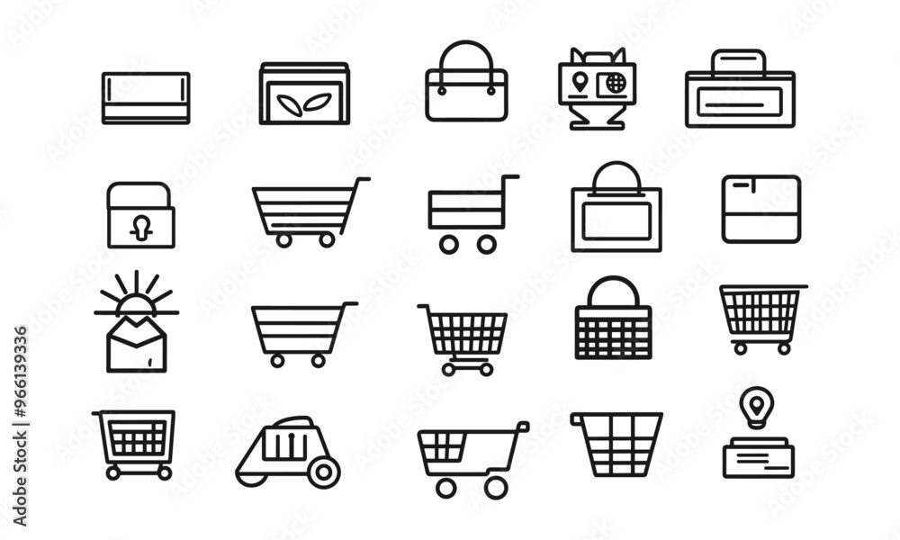 Set of linear icons of shopping cart and shopping cart. Trolley and grocery basket Set of linear icons of shopping cart and shopping cart. Trolley and grocery basket