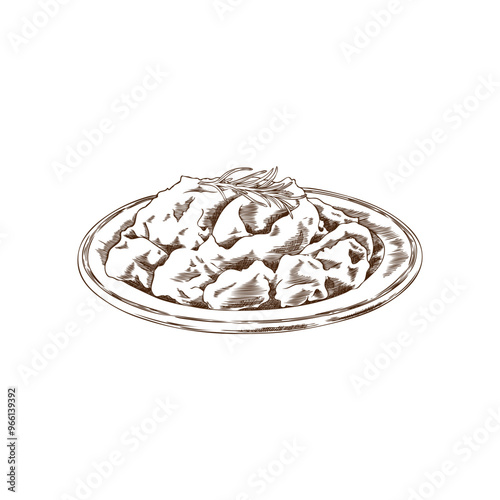 Vector illustration of mashed sweet potatoes with a sprig of rosemary on a plate