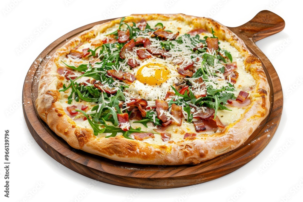Pizza Carbonara with Bacon, Cheese, Rucola, Tomato Sauce, Mozzarella and Raw Egg Yolk Isolated Pizza Carbonara with Bacon, Cheese, Rucola, Tomato Sauce, Mozzarella and Raw Egg Yolk Isolated