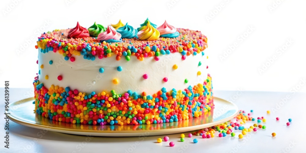 Delicious birthday cake with colorful frosting and sprinkles on a white background, celebration, dessert, sweet, birthday, candles Delicious birthday cake with colorful frosting and sprinkles on a white background, celebration, dessert, sweet, birthday, candles