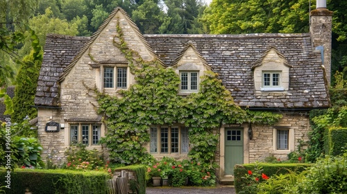 A quaint country cottage with a stone facade, ivy climbing the walls, and a picturesque garden