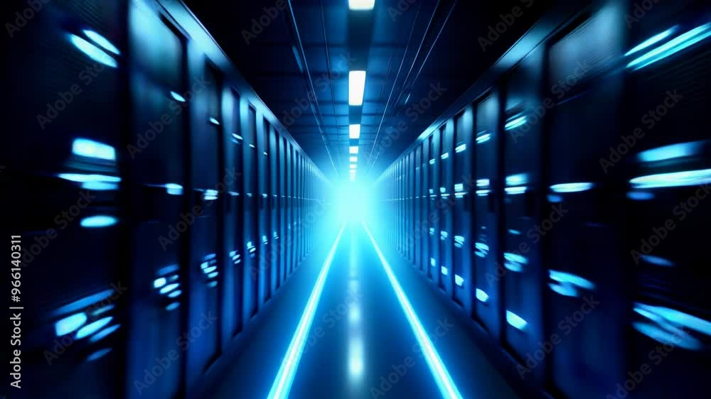 A futuristic server room with long rows of high-tech servers illuminated by cool blue lights. The image portrays a sense of advanced technology, data storage, and the digital infrastructure. A futuristic server room with long rows of high-tech servers illuminated by cool blue lights. The image portrays a sense of advanced technology, data storage, and the digital infrastructure.
