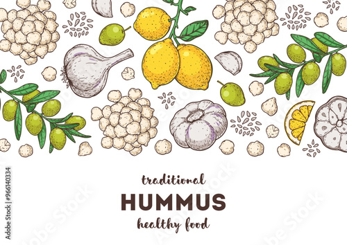 Hummus packaging design template. Cooking and ingredients for hummus. Sketch illustration. Middle eastern cuisine frame. Healthy food recipe, design elements. Hand drawn, package design.