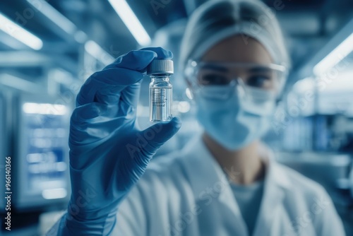 A woman in a lab coat holding a vial of medicine, a medical professional handling important medication