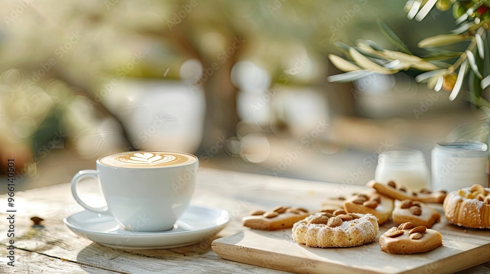 A Mediterranean cafe terrace with a cappuccino and biscotti, an array of almond pastries, and olive trees and sunshine, capturing the essence of leisurely European mornings A Mediterranean cafe terrace with a cappuccino and biscotti, an array of almond pastries, and olive trees and sunshine, capturing the essence of leisurely European mornings