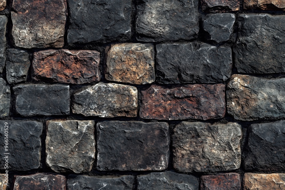 Textured stone wall made of various dark stones, showcasing a mix of colors and shapes, ideal for backgrounds or architectural designs. Textured stone wall made of various dark stones, showcasing a mix of colors and shapes, ideal for backgrounds or architectural designs.