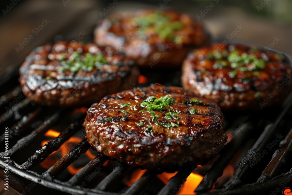 Four hamburgers are on a grill, with parsley on top Four hamburgers are on a grill, with parsley on top
