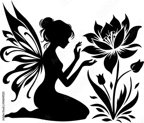 Discover the charm of this black silhouette fairy flower, floral outline, ideal for elegant decorations.